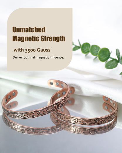 Jecanori 2Pcs Magnetic Copper Bracelets for Women, Vintage Flower 99.99% Pure Copper Bracelets with 3500 Gauss Magnets