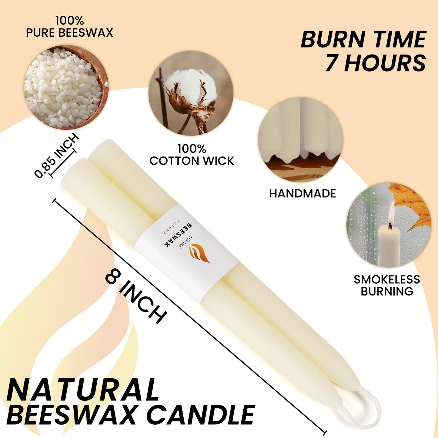 AGLARY 10 Pack White Pure Beeswax Taper Candles 8-Inch, Unscented with Cotton Wicks - Air Purifying, Recyclable Paper Box.