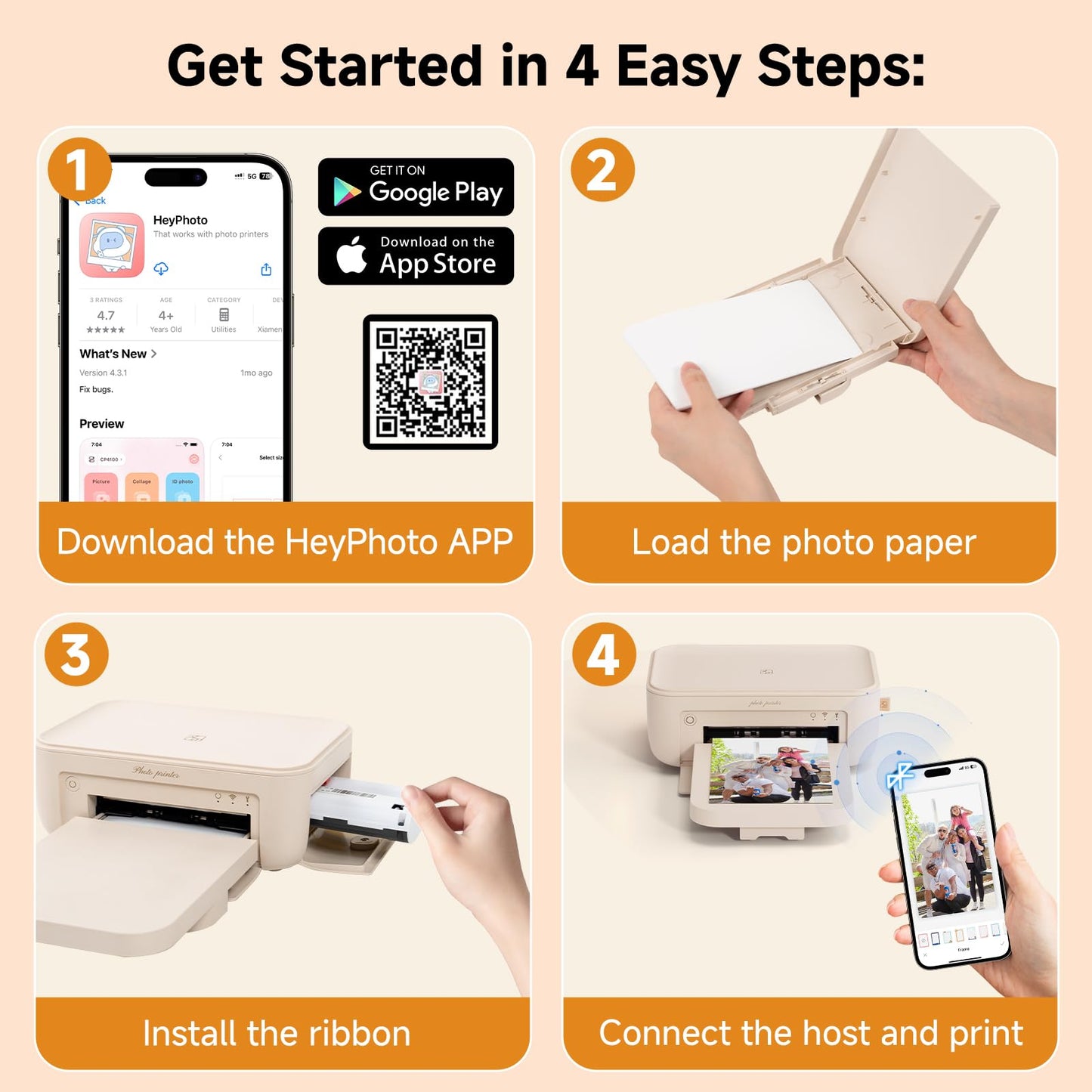 HPRT 4x6 Photo Printer, Full-Color Thermal Sublimation Wi-Fi Printing, Portable Instant Picture Printer for iPhone/Android, AR Video, Fun App, Home Use, Beige+20 Sheets Photo Paper & 1 Ribbons