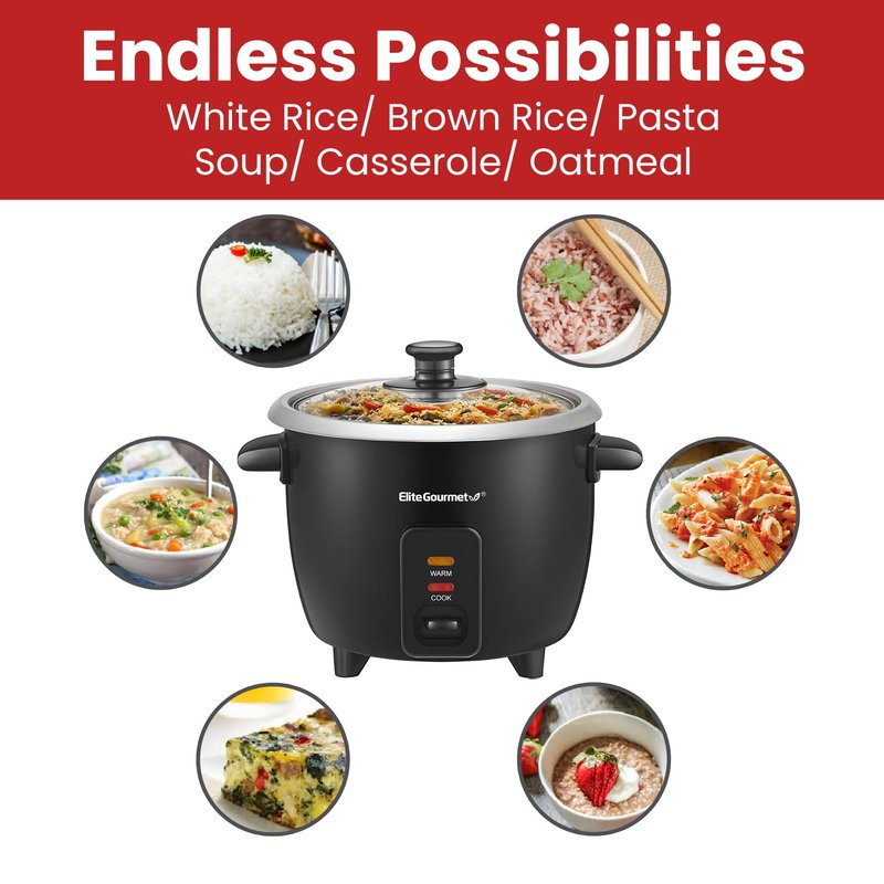 Elite Gourmet ERC003BX Electric Rice Cooker with Automatic Keep Warm Makes Soups, Stews, Grains, Hot Cereals, 6 Cups Cooked (3 Cups Uncooked), Black