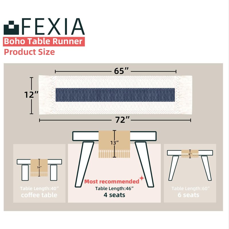 FEXIA Boho Blue Table Runner 72 Inches Long with Tassels Macrame Farmhouse Style Party Rustic Wedding Baby Bridal Shower Dining Decor (12x72 Inches)