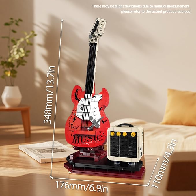 Rock Guitar Interactive Building Block Set Creative Construction Model Toy with Display Stand DIY Collectible for Home Decor for Adults (No Bluetooth Function)