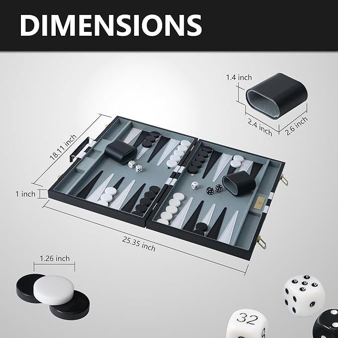 Large Backgammon Sets for Adults 18 inch Black Travel Backgammon Board Game Sets Classic Board Game with Premium Leather Case Portable Travels Strategy Backgammon Game Set for Adults