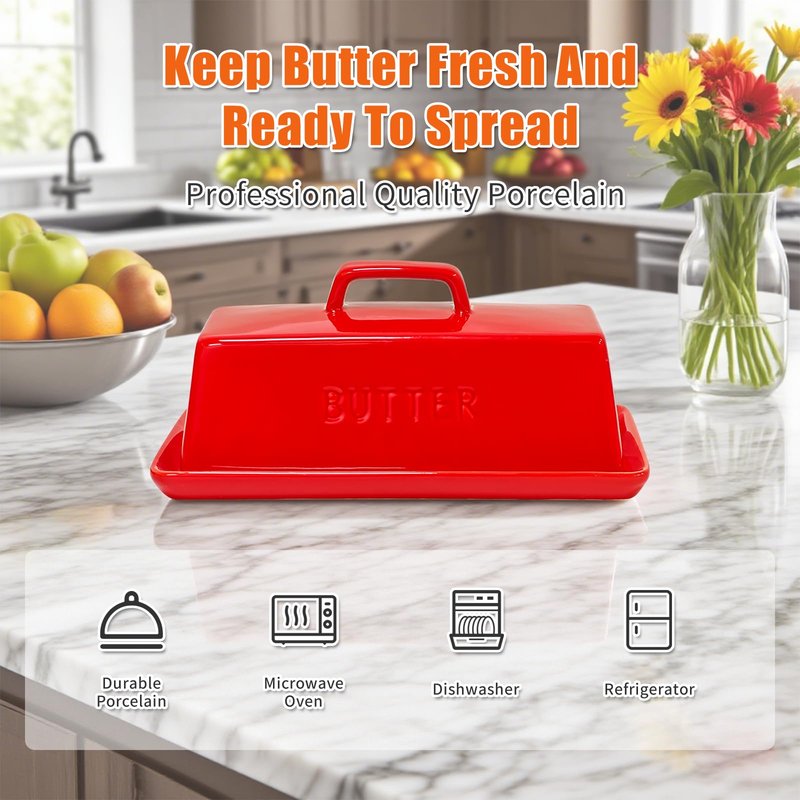 Gute Butter Dish with Lid for Countertop, Covered Ceramic Butter Dish, Butter Tray Storage for 1 Stick of Butter, Butter Keeper Container with Handle for Kitchen, Red
