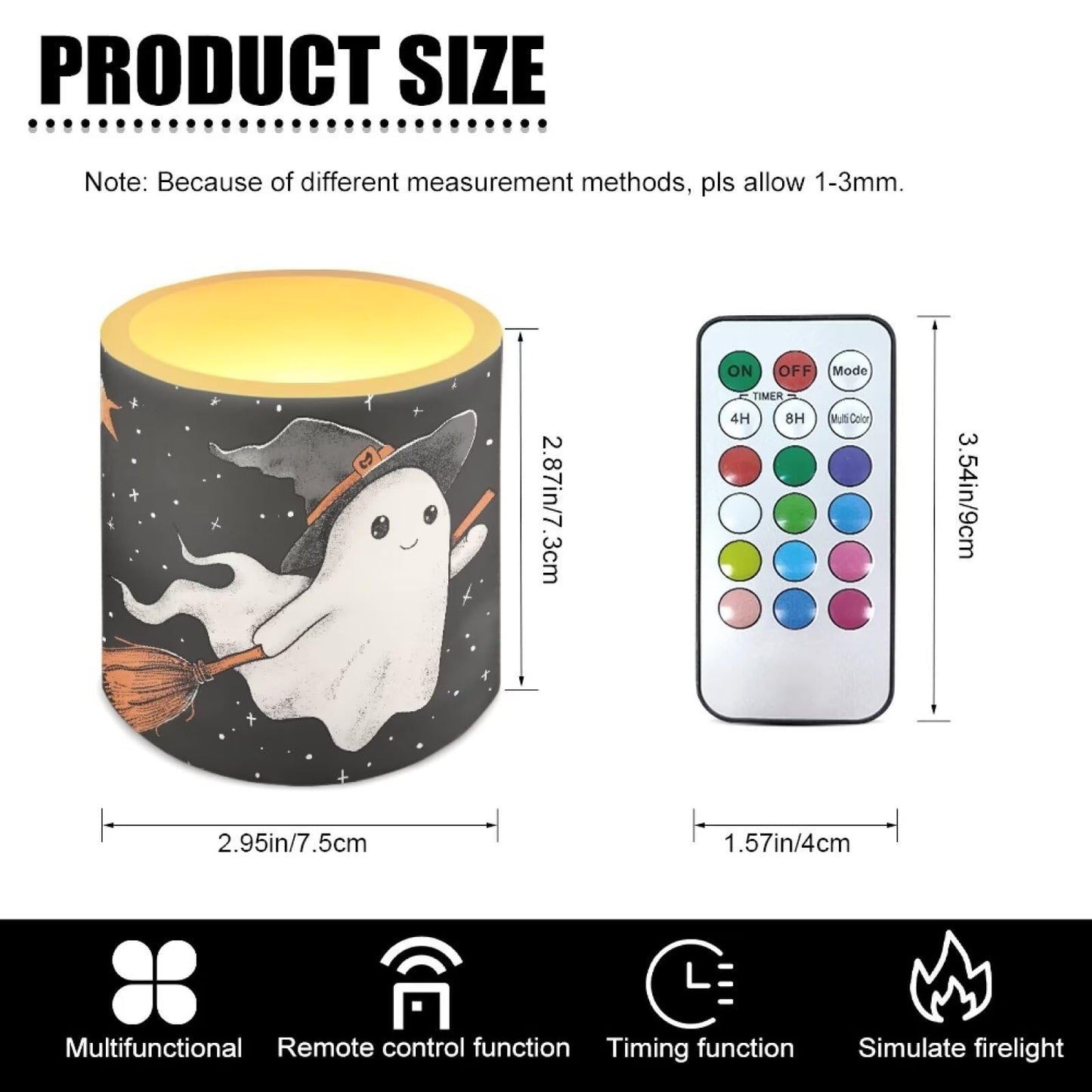 Merkmak Halloween Flameless Candles with 18-Key Remote Battery Operated Candles with Timer, Cute Ghost Print 4 Pack Flameless Pillar Tea Lights for Party Banquet Home Decorations