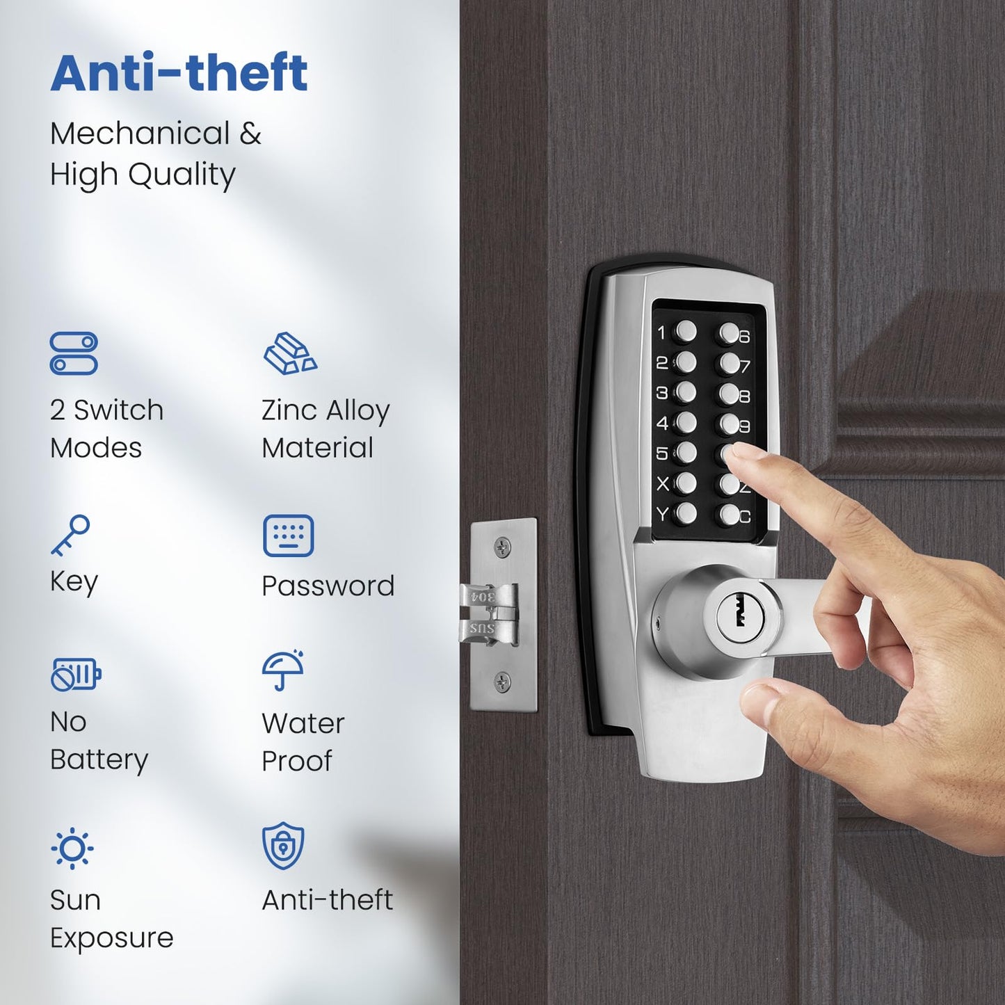 LVOZ Keyless Entry Door Lock with Handle - Mechanical Door Lock 100% Without Batteries - Easy to Install & Use - Keypad Lock on Zinc-Alloy, Water and Sun Proof for Indoor or Outdoor