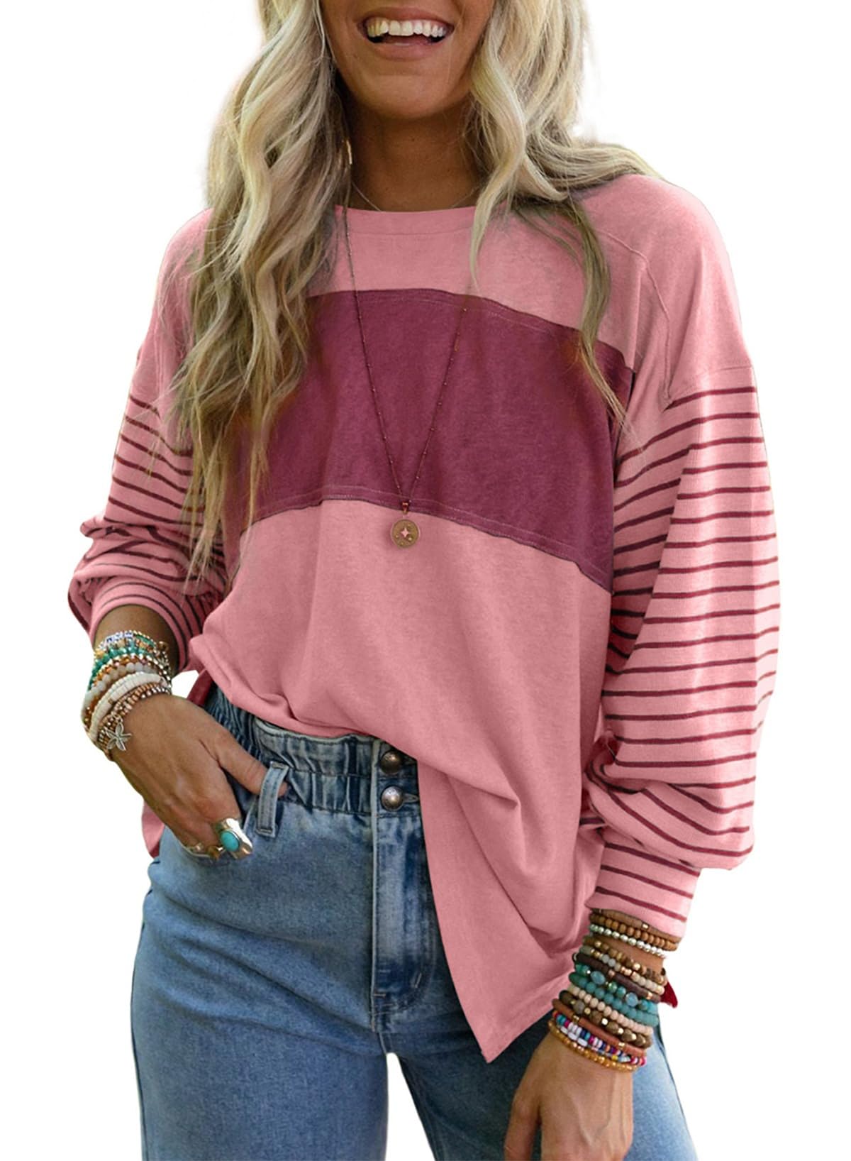 Dokotoo Long Sleeve Tops Oversized 2025 Trendy Round Crew Neck Casual Color Block Womens Shirts Blouses