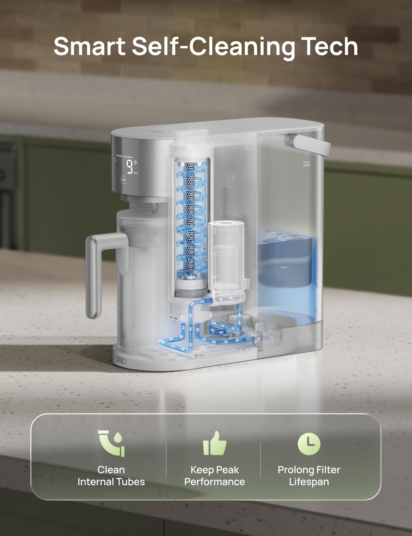 DREO Reverse Osmosis Water Filter Countertop, RO Filtration System, 3:1 Pure to Drain, TDS & Filter Life & 2 Autofill Pitchers, Install-Free, Self-Cleaning Water Purifier, RO Water Filter