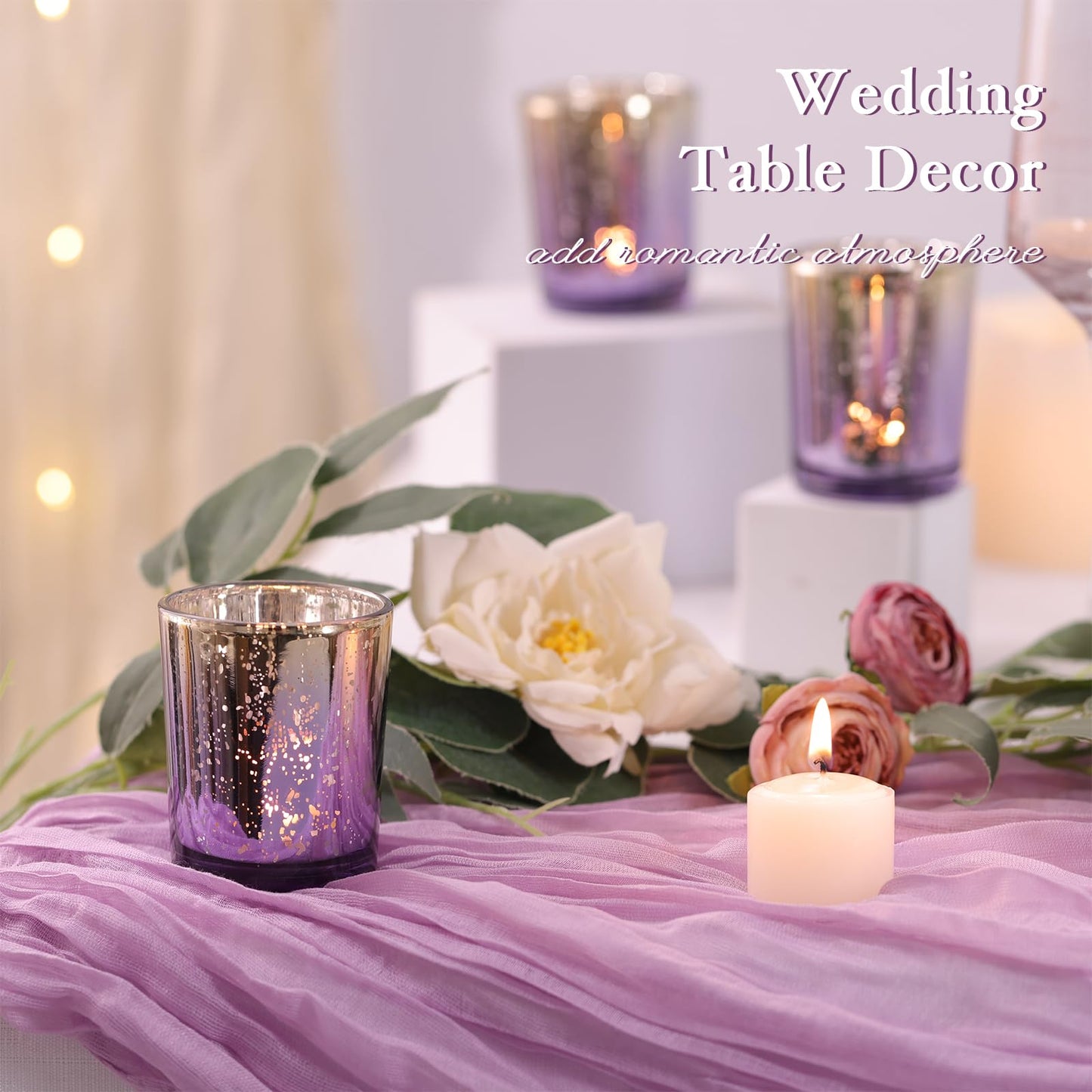 Volens Purple Votive Candle Holders Set of 12, Speckles Mercury Glass Tealight Candle Holder Bulk for Table Wedding Centerpiece, Purple and Gold Party Decorations & Home Decor