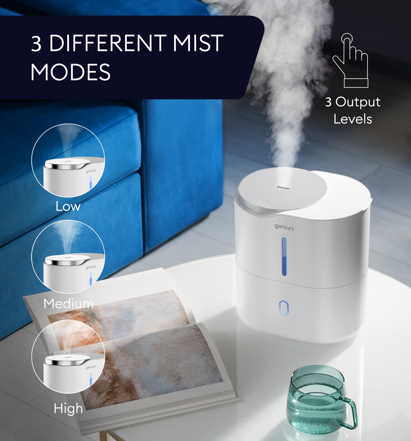 GENIANI Ultrasonic Cool Mist Humidifier for Bedroom, Large Rooms, Home, 4L - Easy Fill & Clean Humidifier for Plants w/Auto Shut-off, 40H Runtime - Quiet, Top Fill Air Humidifier