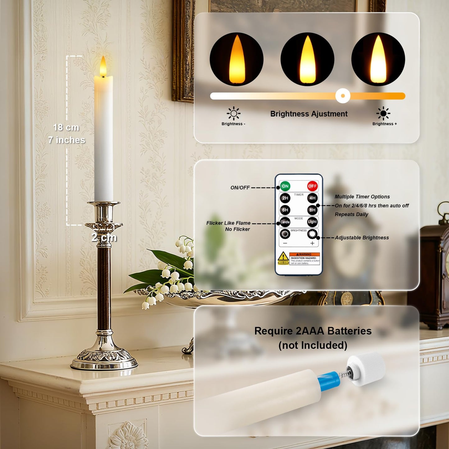 Meigic 7 Inches Dripless Flameless Taper Candles with Remote Timer Dimmer, Real Wax Battery Candlesticks, 3D Flame Fake Candlesticks for Home Wedding Christmas Decor, White, 6 Pcs