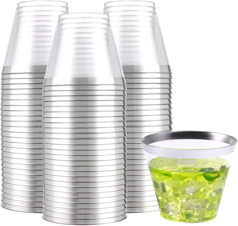 WELLIFE 200pcs Silver Cups, 9OZ Clear Plastic Cups,Plastic Wine Glasses Disposable,Cocktail Glasses for Party and Weddings