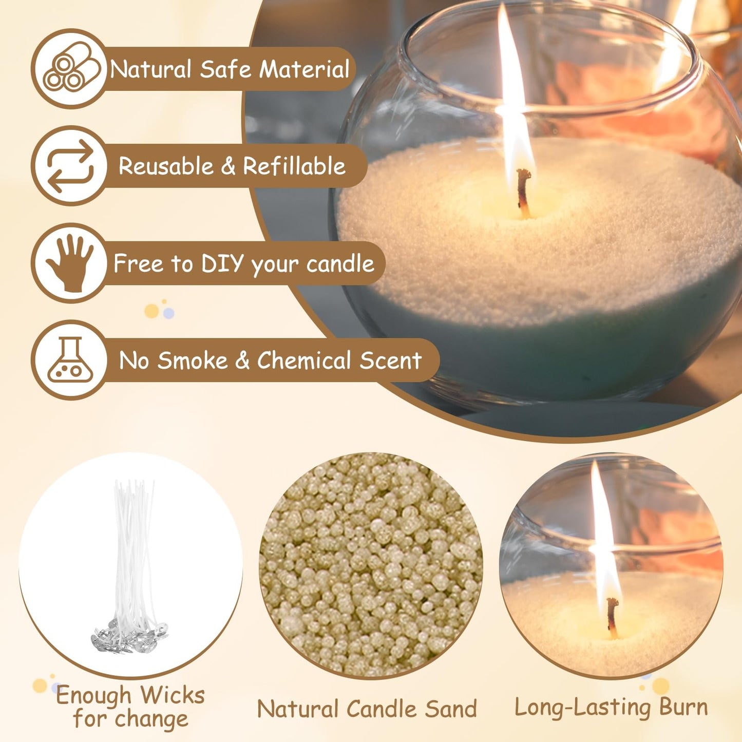 MECCANIXITY Pearled Sand Candles with 30 Pcs Wicks 14Oz / 400g Candle Beads Refillable Powder Sand Wax Making Kit for Thanksgiving Christmas Wedding Party DIY Home Crafts, Khaki
