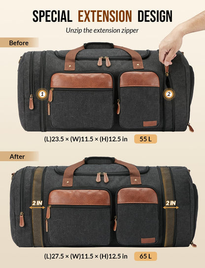 Celvetch Canvas Duffle Bag for Travel 65L Expandable Travel Duffel Bags for Men Women Overnight Weekend Gym Bag with Shoes Compartment - Dark Grey(65L)