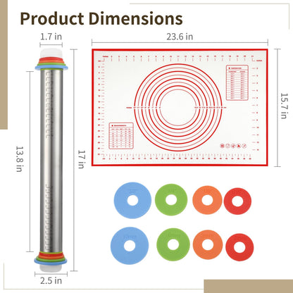 Rolling Pin and Pastry Baking Mat Set, Stainless Steel Dough Roller with Adjustable Thickness Rings & Clear Scale Markings, Ideal for Home Kitchen Baking Fondant, Pizza, Pie, Pastry, Pasta, Cookies