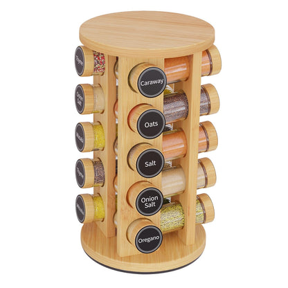 Revolving Spice Rack Set with 20 Spice Jars, Kitchen Spice Tower Organizer for Countertop or Cabinet -- Carousel Storage Includes 386 Spice Labels -- Desktop Rotating Seasoning Organizer