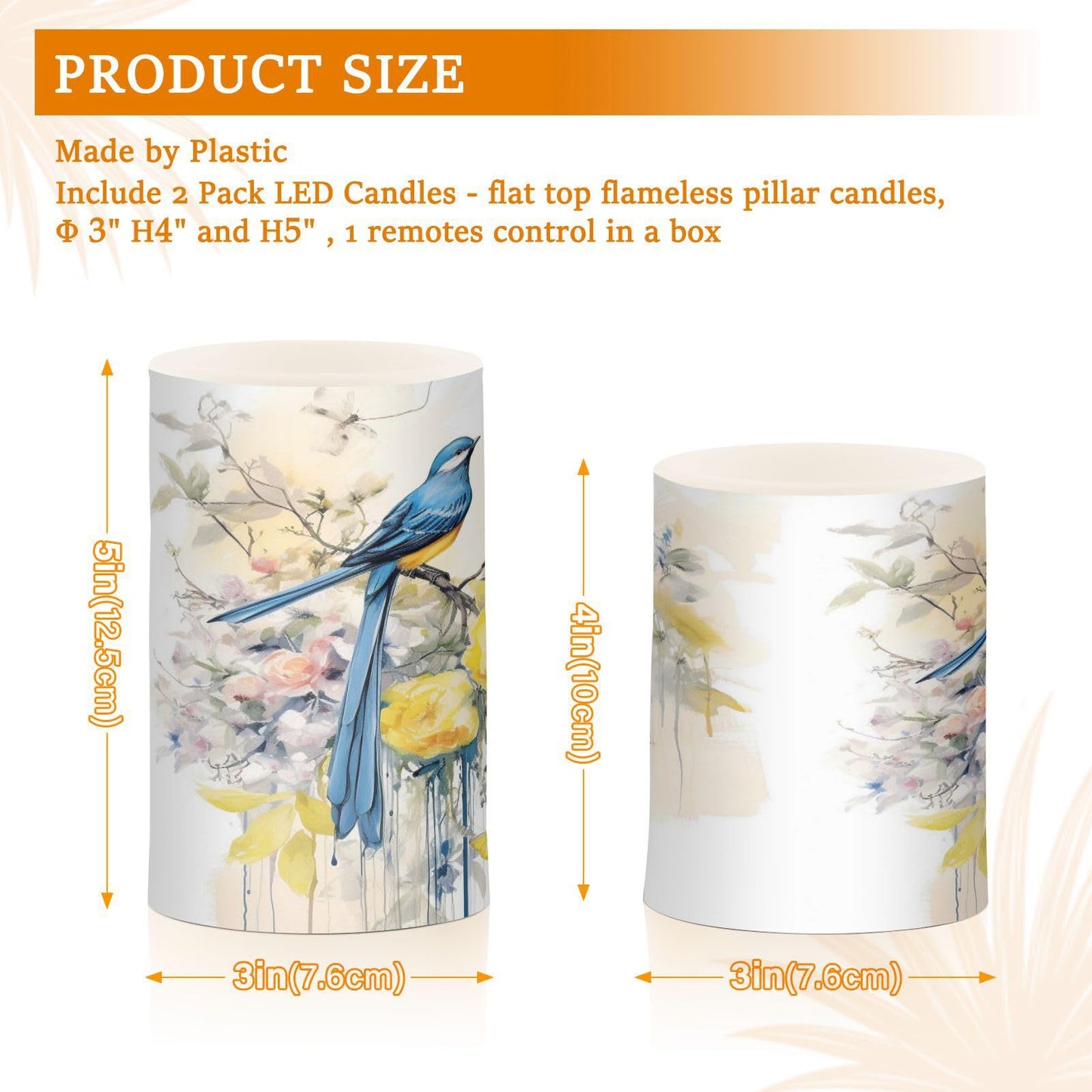 Spring Blue Bird with Yellow Flowers Butterflies Flickering Flameless Candles Battery Operated with Remote Timer,Tea Light Candles LED Pillar Votive Candles set of 2 for Outdoor Indoor Decorations