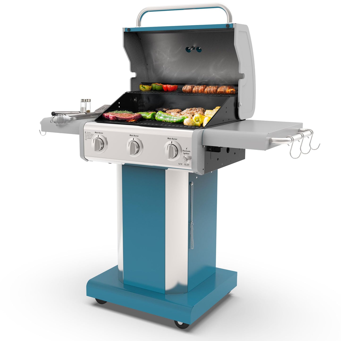 Kenmore 3-Burner Propane BBQ Grill, 30,000 BTUs Gas Grill with Cast Iron Cooking Grates, Folding Side Tables & Wheels, Outdoor Grill with Tool Hooks, Teal
