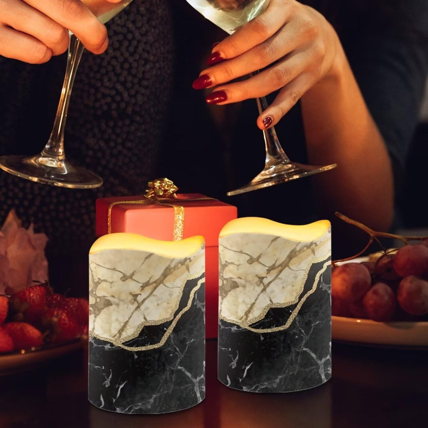 HUISEFOR Black Marble Flickering Flameless Candles Set of 6 Outdoor Solar Candles Rechargeable Solar Emergency Night Lights with Dusk to Dawn Light Sensor Modern Home Decorations
