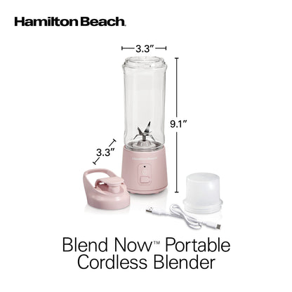 Hamilton Beach Mini Cordless Portable Personal Blender for Shakes and Smoothies, USB Rechargeable, 16 oz. Jar with Leakproof Travel Lid, 6 Stainless Steel Blades, Pink (51181)