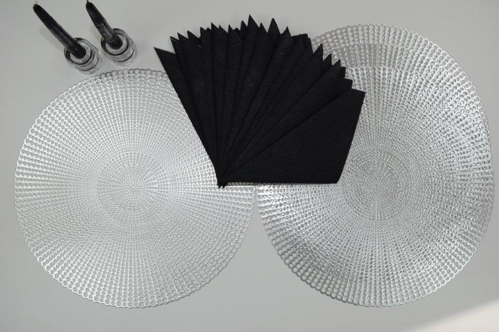 16" Round Placemats (Set of 4), 12 Prefolded 3 ply Napkins, 2 Matching Taper Candles, 2 Glass Candle Holders (Black)