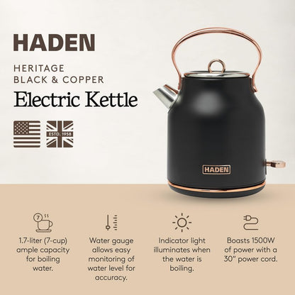 Haden 75012 Heritage 1.7 Liter Stainless Steel Body Countertop Retro Electric Kettle with Auto Shutoff & Dry Boil Protection