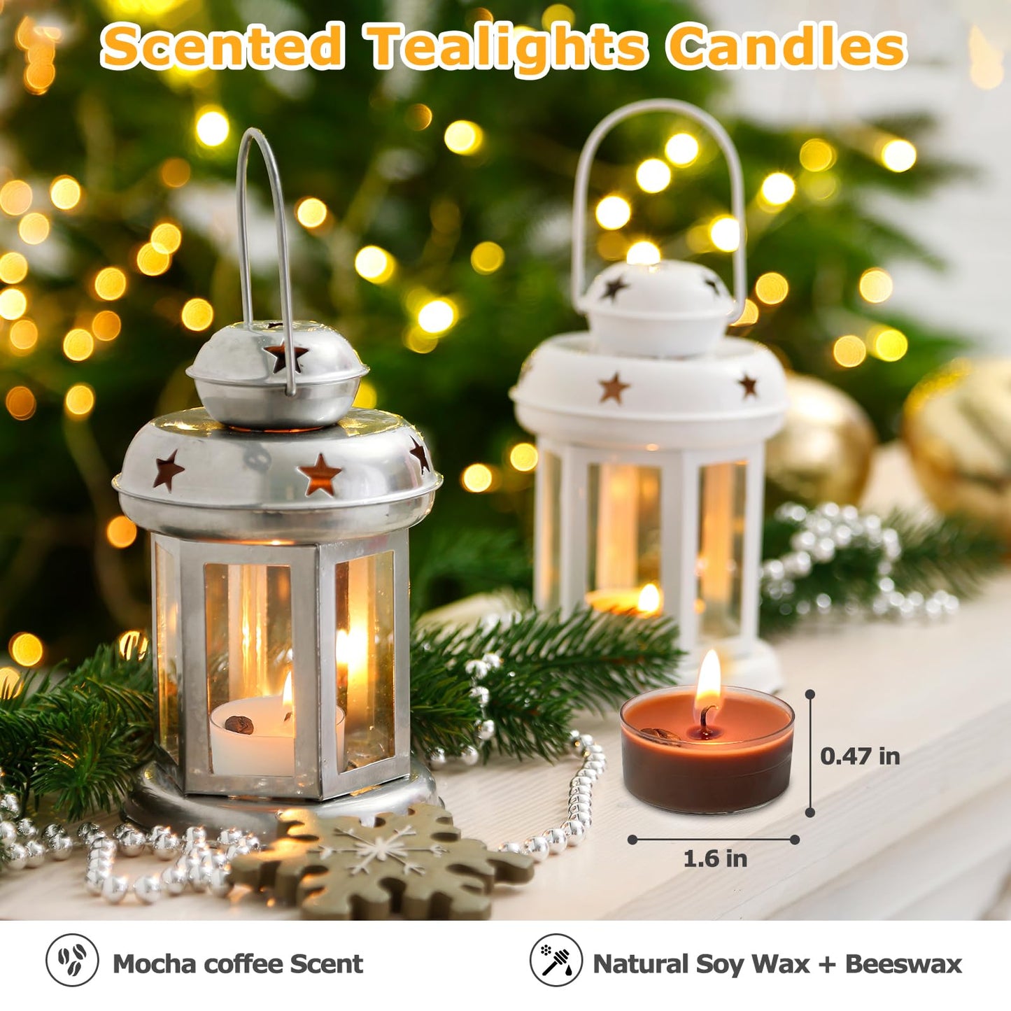 Coffee Scented Tea Lights - 4-Pack Beeswax Soy Wax Candles, White & Brown with Real Coffee Bean Decoration, Long-Lasting, Perfect for Relaxation and Gifts