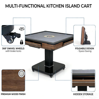 GDFStudio Foldable Ultra-Thin Automatic Mahjong Table with Wheels, Chinese and American Style 42mm Numbered Tiles with Hard Table Cover, 2 Sets Magnetic Tiles, Low Noise Shuffling, Brown