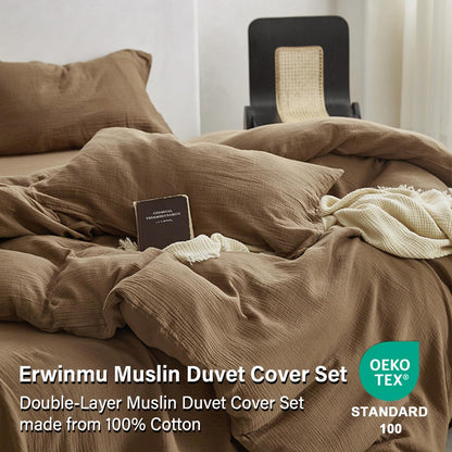 Erwinmu Muslin Duvet Cover Set 100% Cotton Queen Size,Double-Layer Linen Like Gauze Comforter Cover Brown 3 Pieces,Okeo-tex 100 Certified Duvet Cover 90"x90" with 2 Pillowcases for All Season