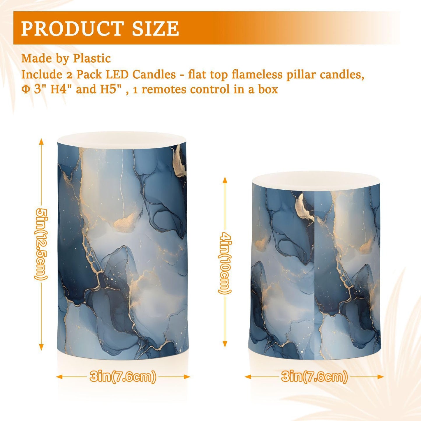 zyrtty 2 Pack Plastic Flameless Candles Abstract Gold Navy Blue Marble Pattern Battery Operated with Remote and Timer Real Wax LED Flickering Pillar Candles Set Window Christmas Holiday Decor