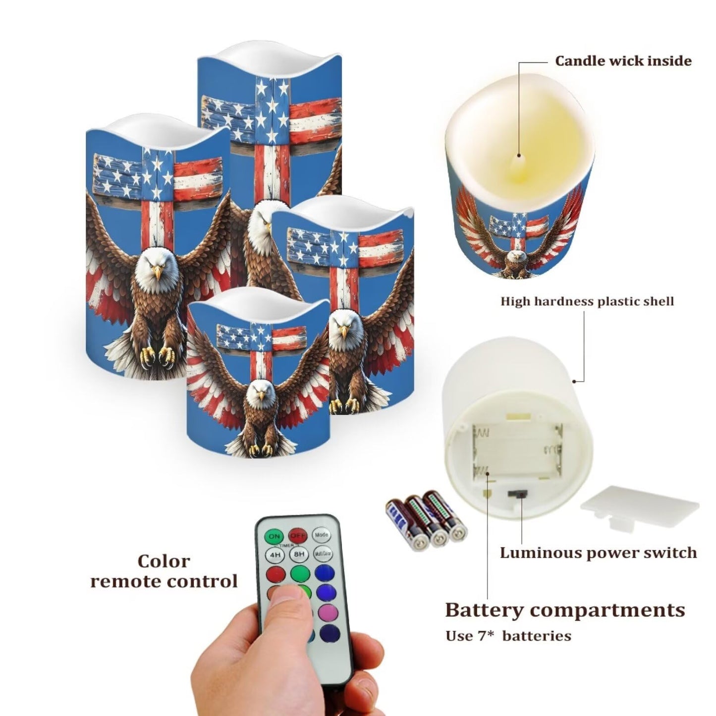 Uorisanigo Independence Day Flameless LED Candles Set of 4 with Remote Control American Flag Patriotic Battery Operated Decorative Candles Featuring Bald Eagle Stars Stripes Flickering Flame