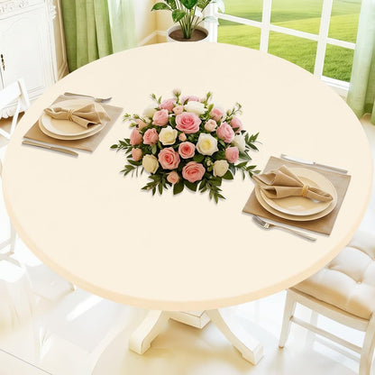 Moosfor Round Spandex Tablecloth, Elastic Fitted Waterproof Tablecloths for 42"-50" Tables, Stretch Washable Picnic Table Cover for Camping, Dining, Indoor and Outdoor, Beige