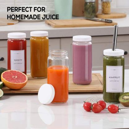 [ 8 Pack ] Glass Juicing Bottles with 2 Straws & 2 Lids w Hole- 16 OZ Travel Drinking Jars, Water Cups with White Airtight Lids, Reusable Tall Mason Jar for Juice, Bubble Tea, Smoothie, Tea, Kombucha