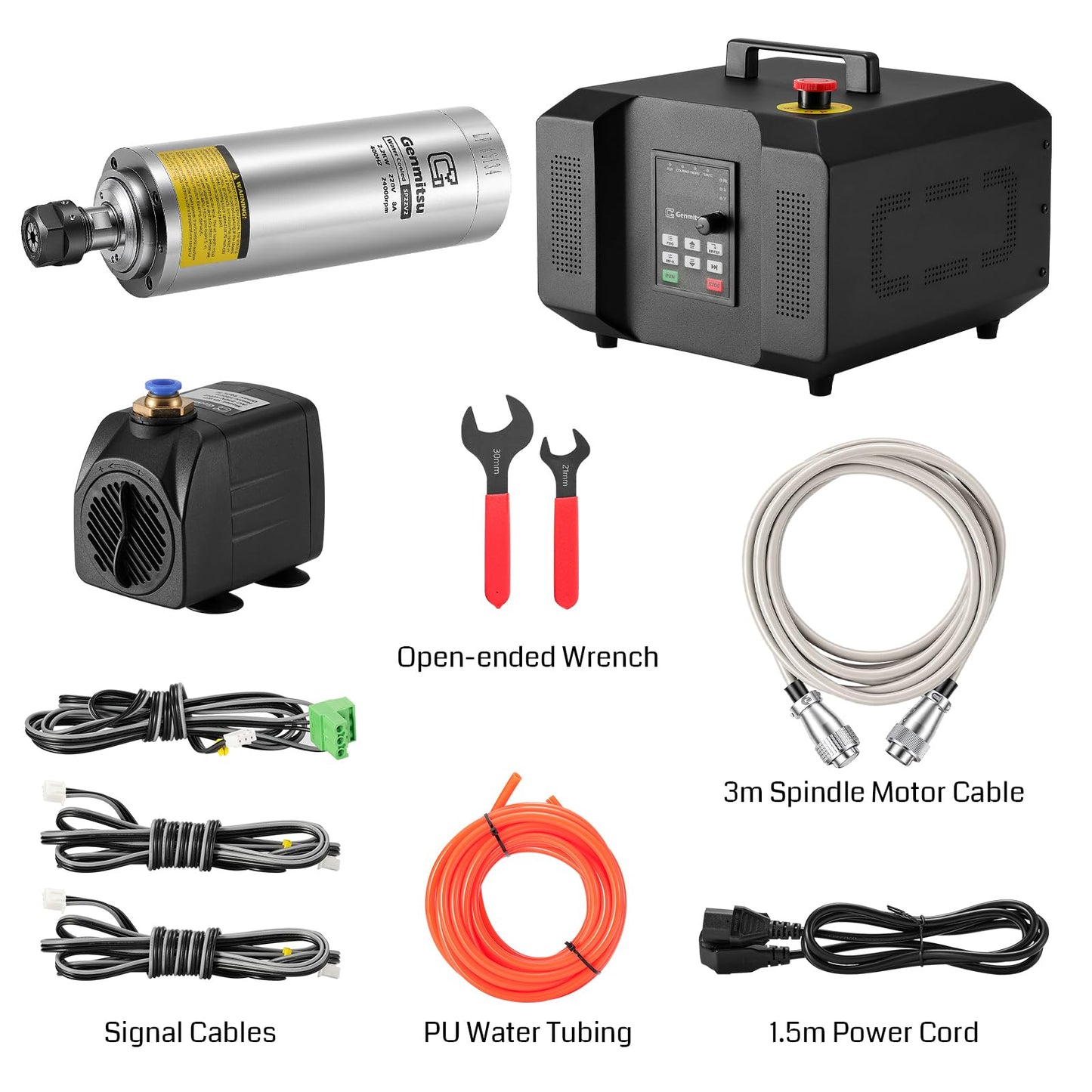 Genmitsu CNC Spindle Motor Kit, 2.2KW, Water Cooled Spindle Motor, 24000 RPM ER11 Collet with Pre-Wired VFD Inverter Box & Pump - 4 Bearing Precision Motor for CNC Router Machine Engraving