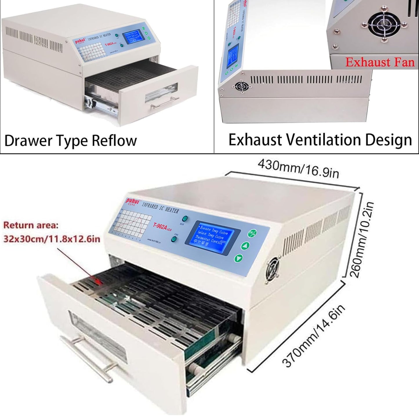 T962A Automatic Reflow Soldering Machine with Hot Air Circulation - Infrared Heater for PCB SMT BGA Rework Station, 1500W Drawer Type Reflow Oven, Wide Welding Area 300mm x 320mm