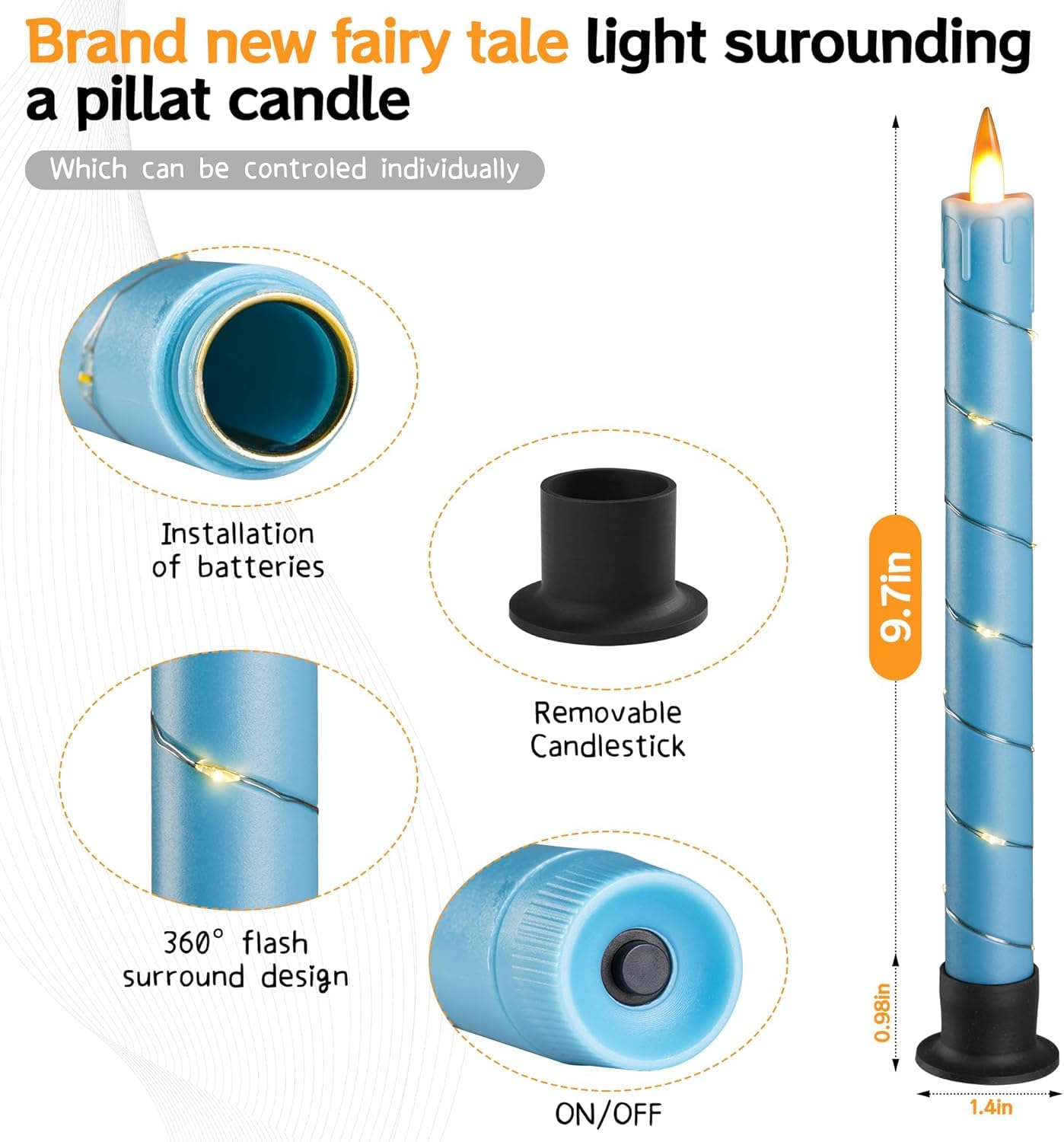 Flameless Cone Candle with Built-in Star String Light, 11 Button Remote Control, Timer, Battery Powered, Analog Flame, 3 Pack of Window Candles, Christmas Home & Wedding Decoration (Sky Blue)