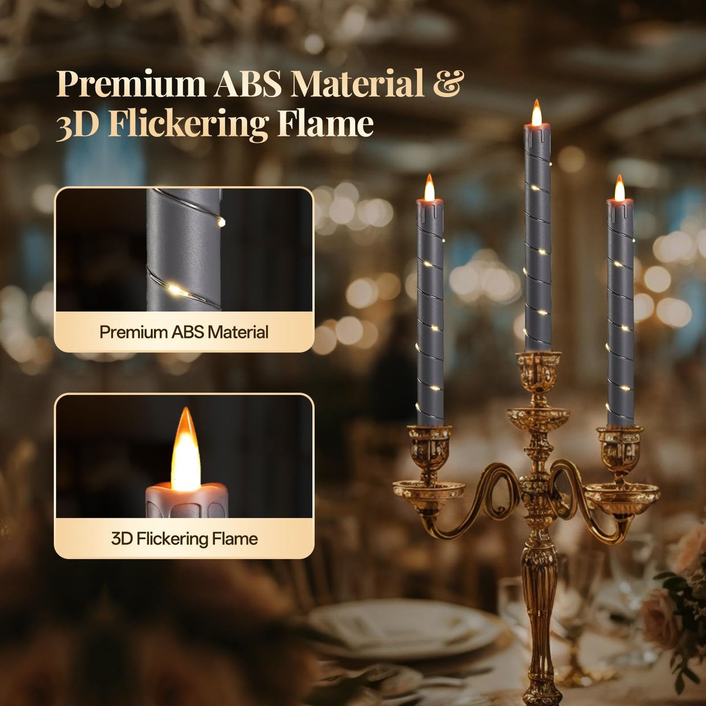 Rlojru 3PCS Flameless Taper Candles Grey Black Battery Operated, with Embedded Fairy String Lights, LED Flickering Flame Candle, Remote Control,Timer for Wedding, Birthday Party, Prom, Home Decoration