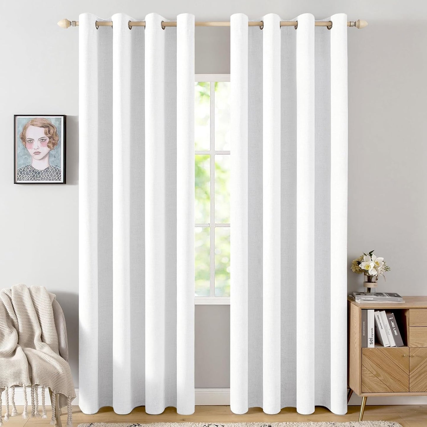 MIULEE 100% Blackout Linen Textured Curtains - Solid Thermal Insulated Bright White | 52 x 108 Inch (2 Panels) for Luxury Bedroom Decor