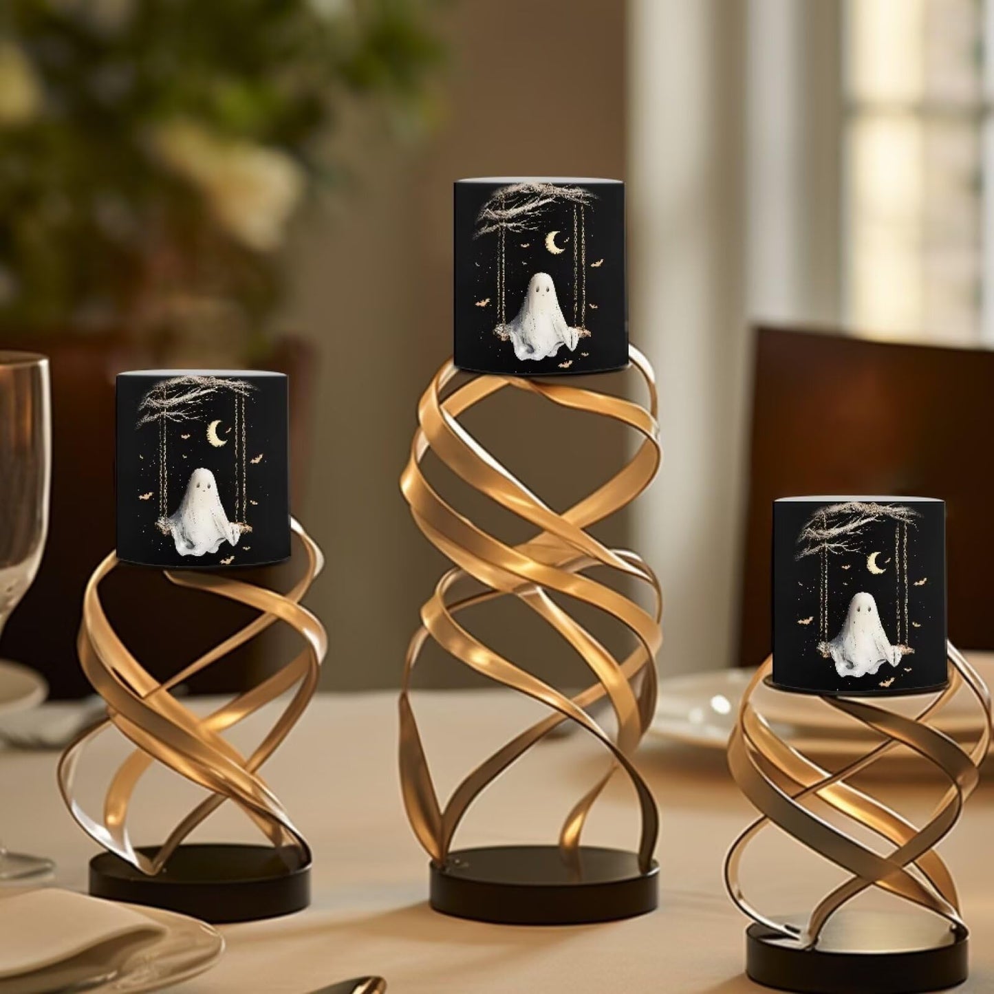 Merkmak 4Pcs Flameless Candles with Remote Halloween Moon Ghost Battery Operated Candles with Timer Pillar Tea Lights Bulk for Indoor Outdoor Banquet Party Home Decoration