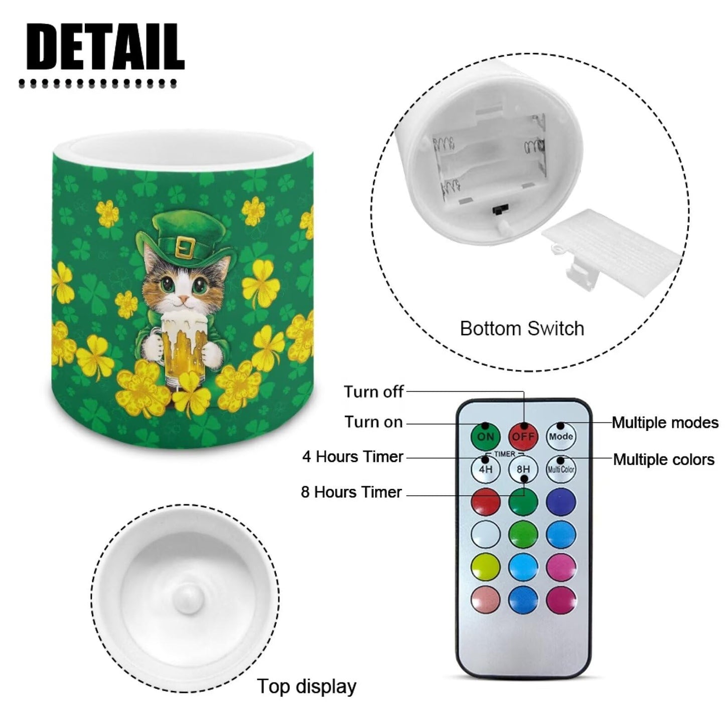 Merkmak 4 Pack Cute Cat Flameless Candles with Timers Flickering Battery Operated LED Candles with Remote St Patrick's Day Shamrocks Tea Lights for Party, Banquet, Home Decoration