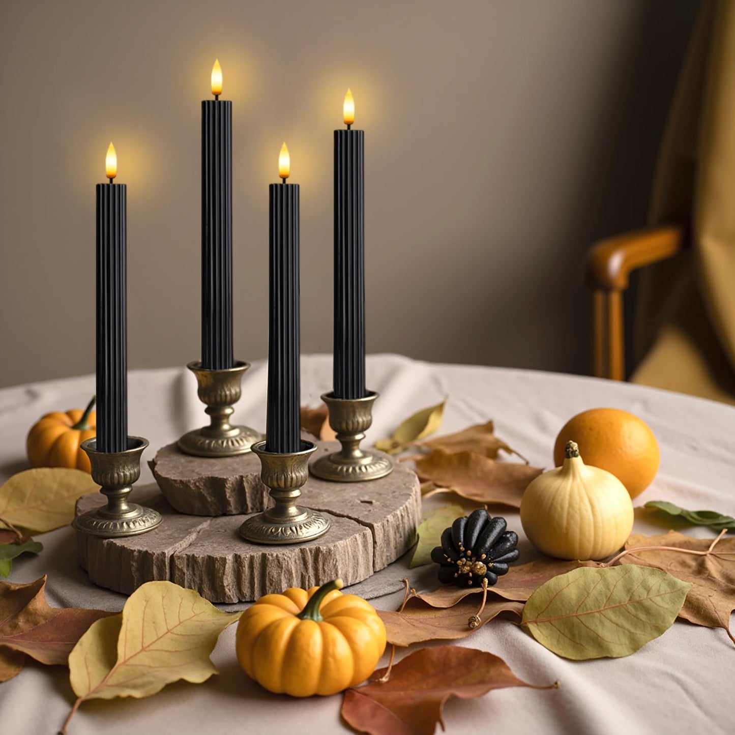 West Ivory 6 Pack, 10" LED Flameless Black Fluted Ribbed Grooved Taper Candles, Remote & 24h Timer Memory, On/Off Button, Dimmable, Flicker Mode, Battery Operated, Christmas Menorah Wedding