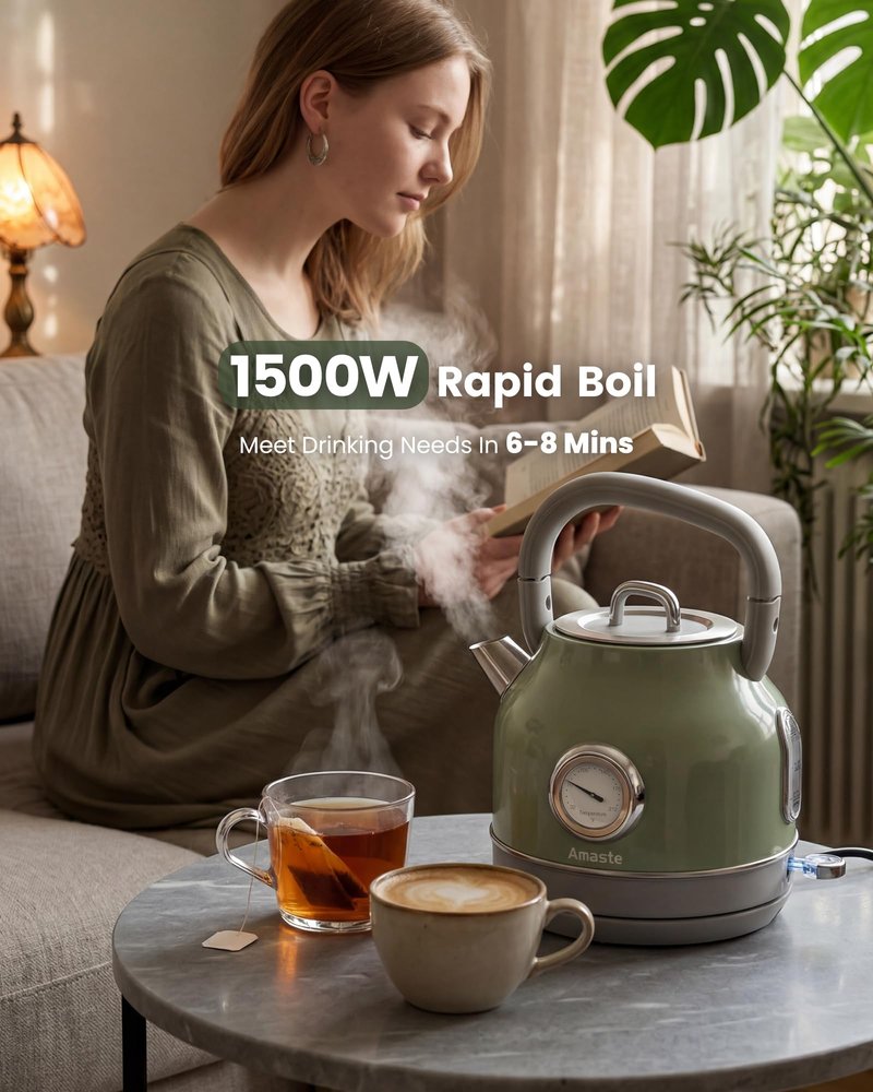 Amaste Electric Kettle, Retro Electric Tea Kettle with Thermometer, 57 Oz Hot Water Kettle for Coffee & Tea, 304 Stainless Steel, 1500W Fast Boiling, Auto Shut-Off & Boil Dry Protection, Matcha Green