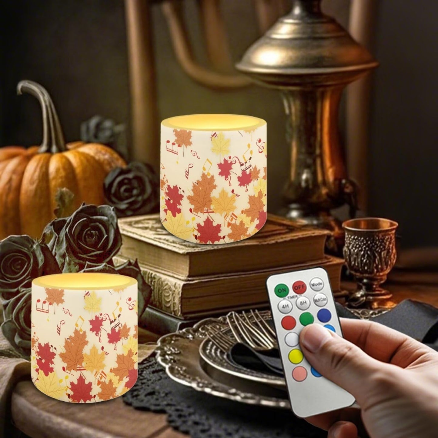 Cozeyat Harvest Leaf Nightstand Flameless Candles 4 Pack Battery Operated LED Pillar Candles with Remote Control Timer Waterproof Dancing Flame for Indoor Outdoor