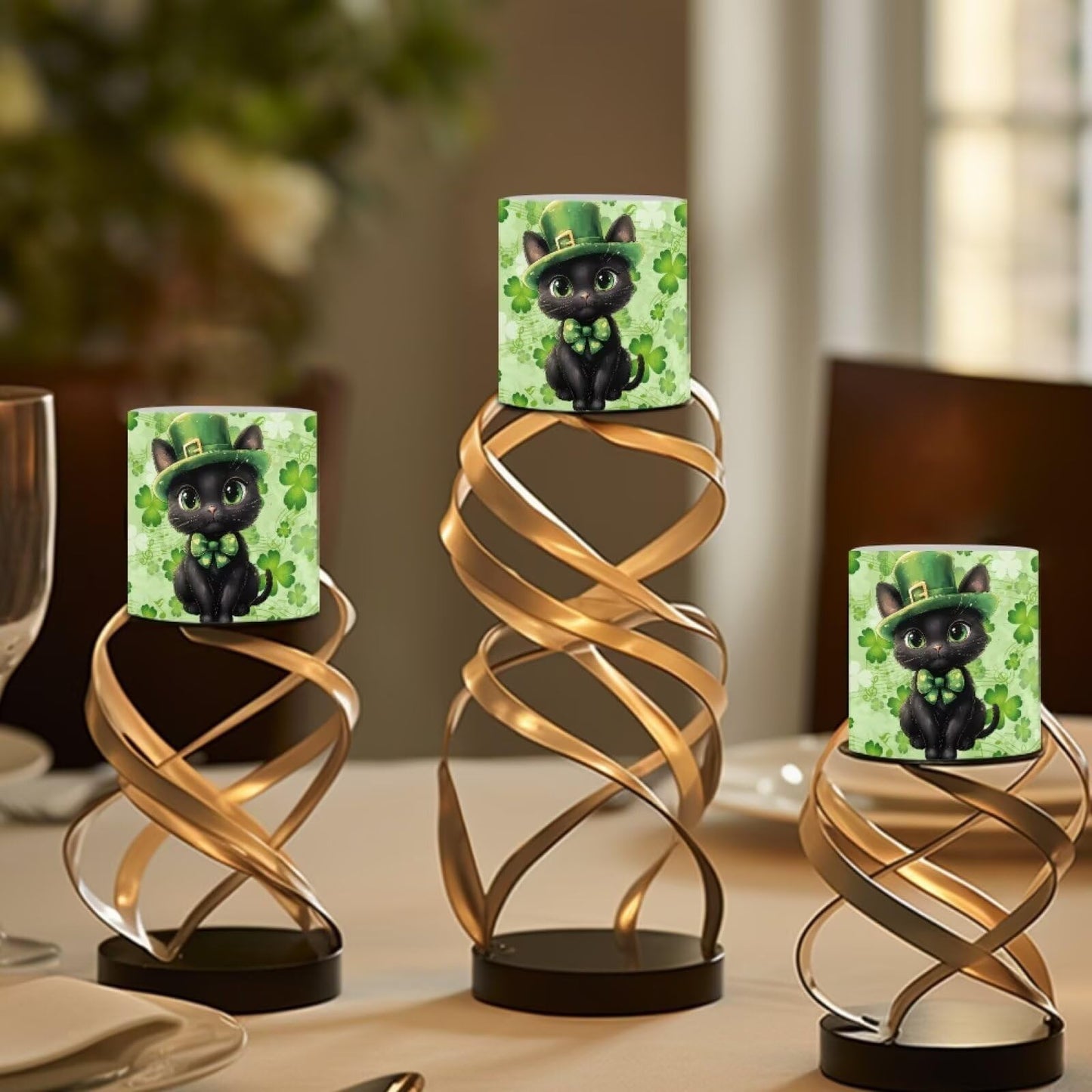 Merkmak 4Pcs St Patrick's Day Shamrocks Flameless Candles with Remote Battery Operated Candles with Timer, Cute Black Cat Pillar Tea Lights Bulk for Indoor Outdoor Home Decorations