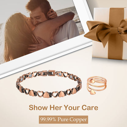 Feraco Copper Bracelet for Women 99.99% Solid Copper Magnetic Bracelets, Unique X Shape Links, Magnetic Field Therapy Jewelry Gifts (Heart Shape with Ring)