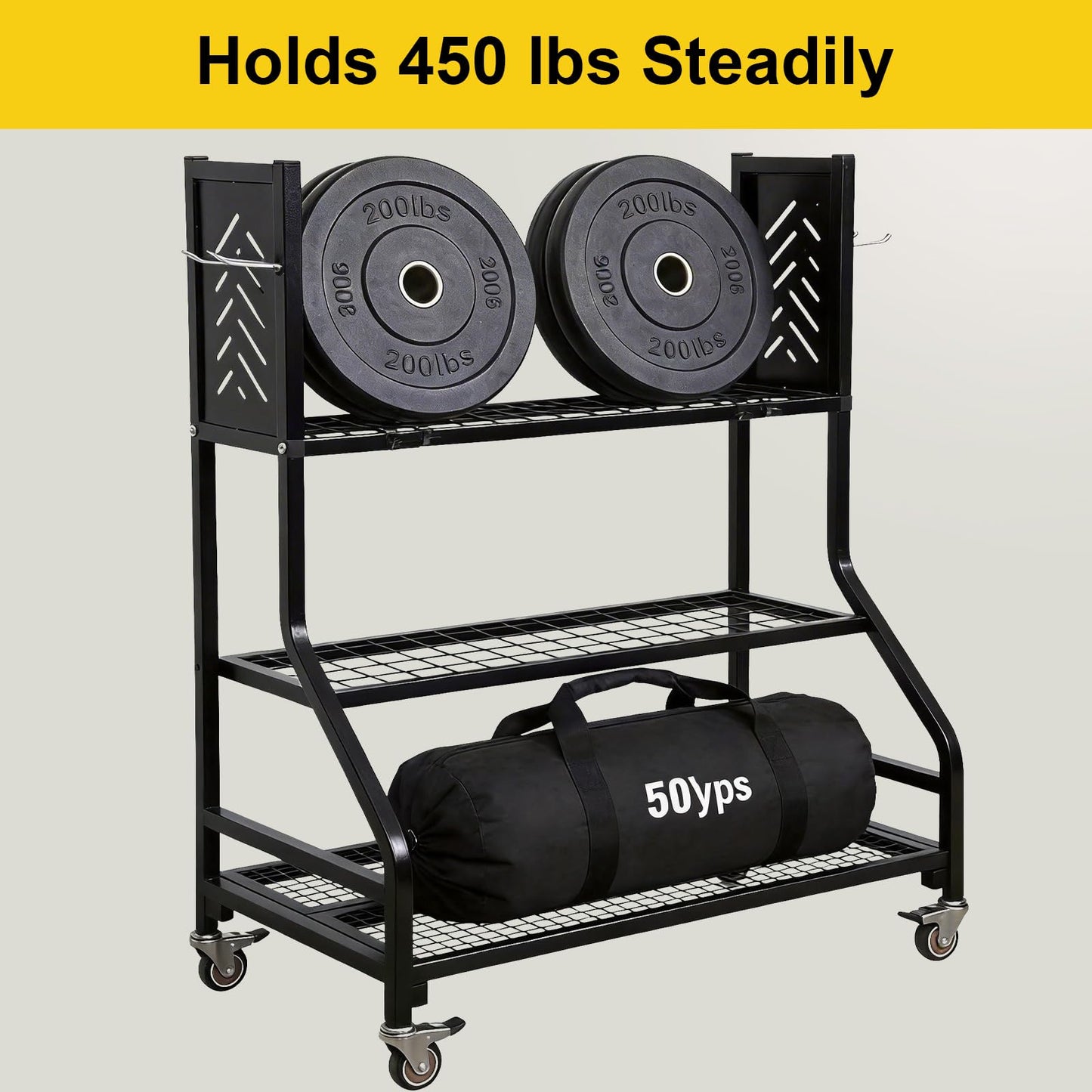 KYLIN Heavy Duty Garden Tool Organizer Rack on Wheels, 450 lbs Capacity with 4 Locking TPR Wheels, 55 lbs 0.059'' Steel Frame Mobile Garage Storage - No Nuts,No Bolts - Easy Assembly Utility Cart