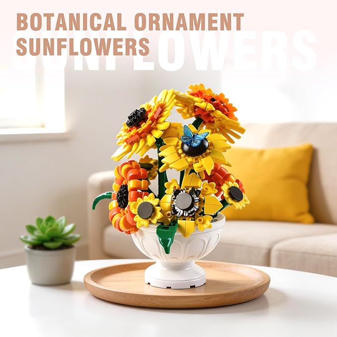 SameTech Sunflower Building Blocks Set with Vase Botanical Collection Artificial Flowers Table Centerpiece for Adults Home Office Decor/Valentine/Mother's Day/Thanksgiving/Easter/Birthday Gifts