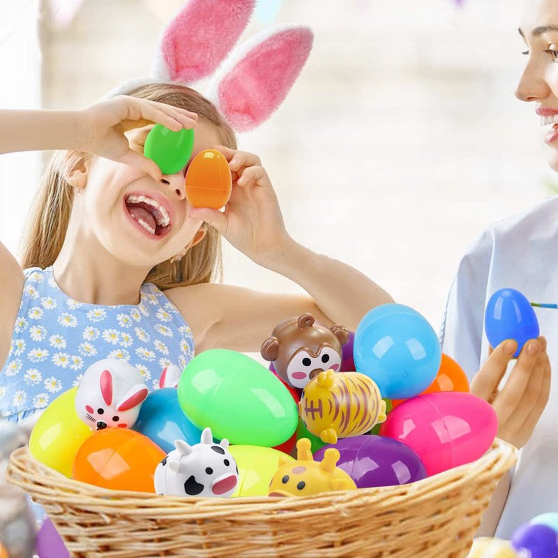 BAINFE 12PCS Easter Eggs with Pull Back Car Toys, Plastic Eggs with Cartoon Animal Vehicles for Kids Easter Egg Hunts, Easter Basket Stuffers Fillers, Easter Party Favor Classroom Prize Supplies