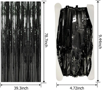 Skiennix Black Metallic Tinsel Foil Fringe Curtains - 2 Pack Photo Booth Backdrop for Parties & Celebrations