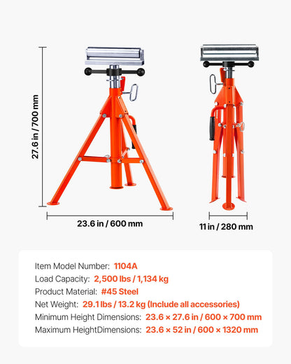 VEVOR Roller Stand, Heavy Duty 2500 LBS Load Capacity Tool Stand - 28"-52" Height Adjustable - Foldable Space-Saving Design - for Woodworking and Metalworking Long Boards, Metal Pipes or Bars